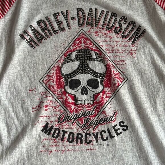 Harley-Davidson Skull Graphic Tee | Size L | Red White Striped Sleeves USA Made - Picture 3 of 14
